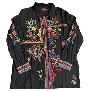 Avani del Amour Black/Multicolored Embroidered Long Sleeve Button Up Blouse- M